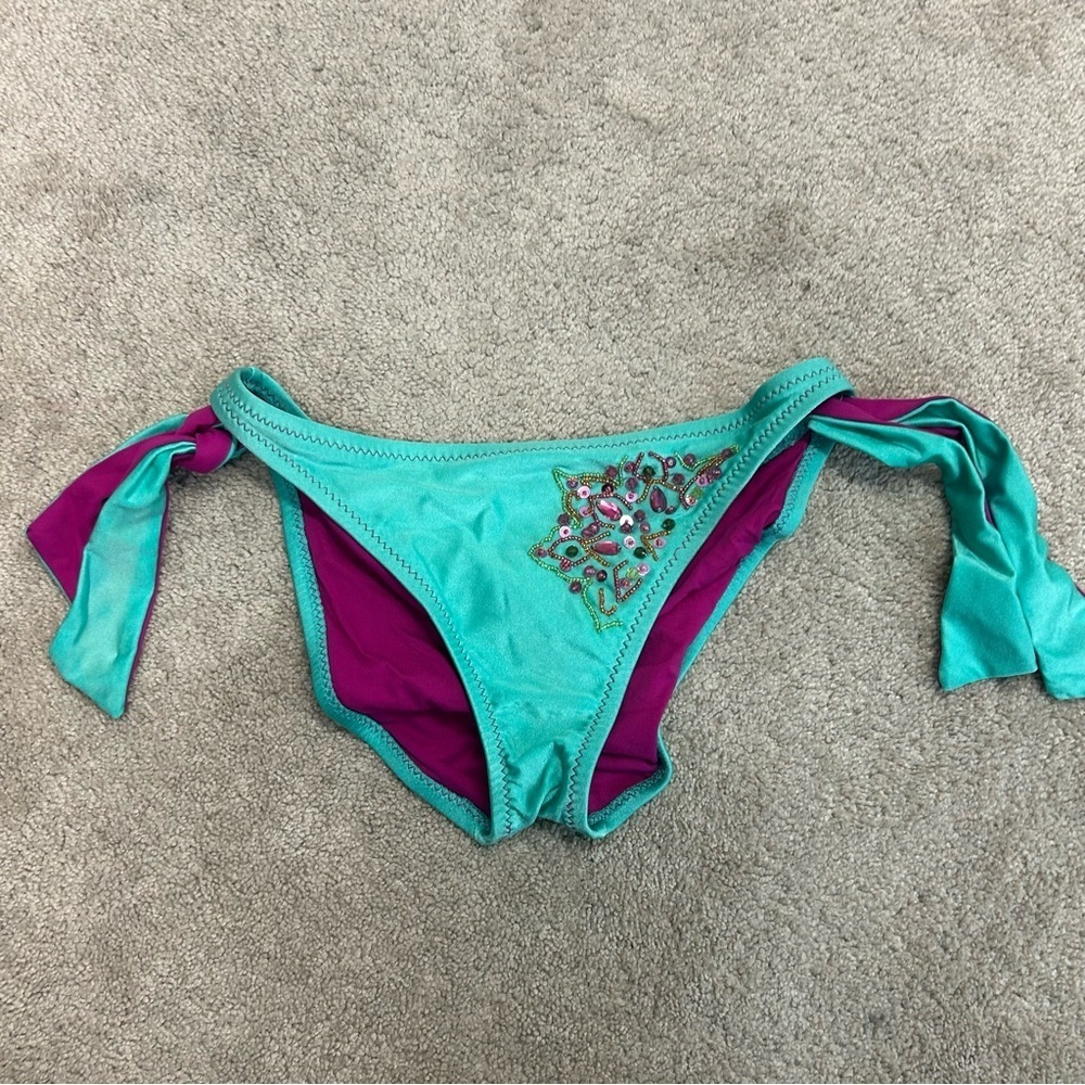 Becca teal purple beaded bikini with side tie M